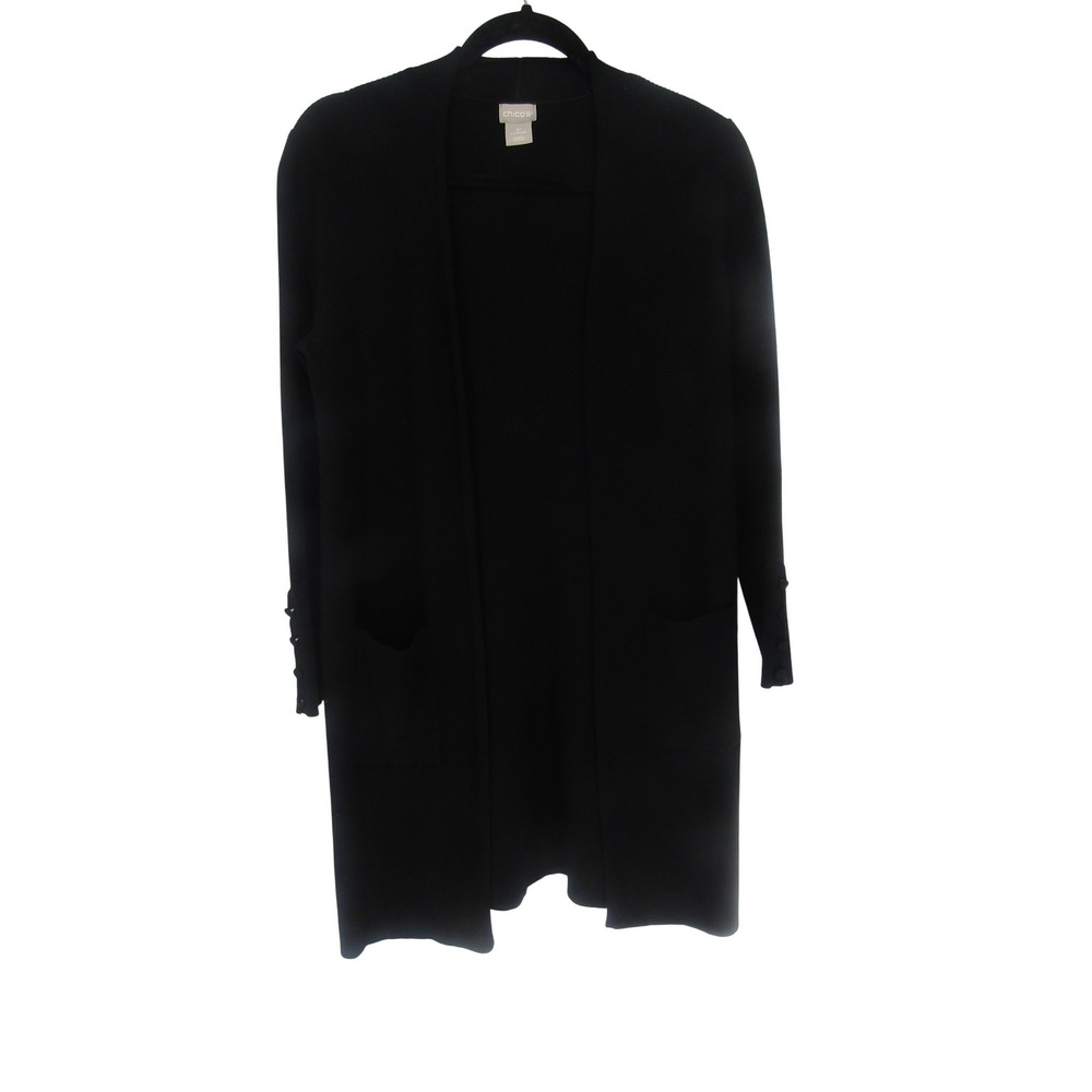 Chico's Cardigan Sweater Womens MP Black Ribbed Open Front Duster Button Cuff